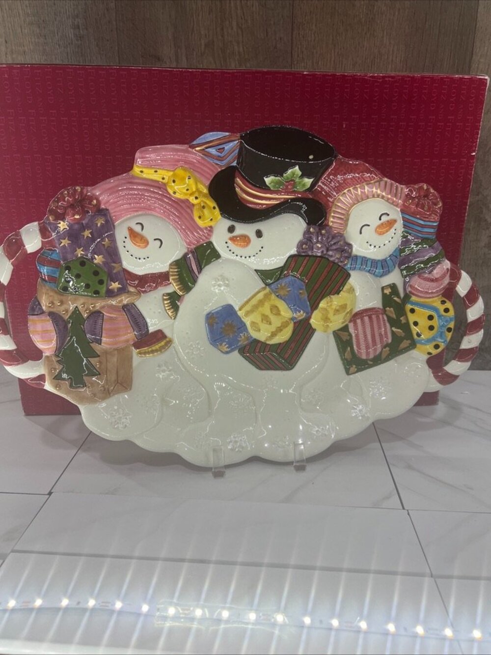 Vtg Fitz Floyd Frosty Folks Snowman Christmas Platter Oval CandyCane Handles 16”